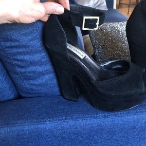 Black suede platform sandals for dresses or pants